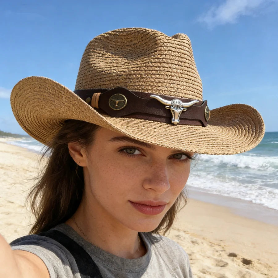 Vintage Western Straw Cowboy Hat Unisex with Belt Buckle Decoration Suitable for Outdoor Beach Vacation Wide Brim Sun Hat Holiday Gift
