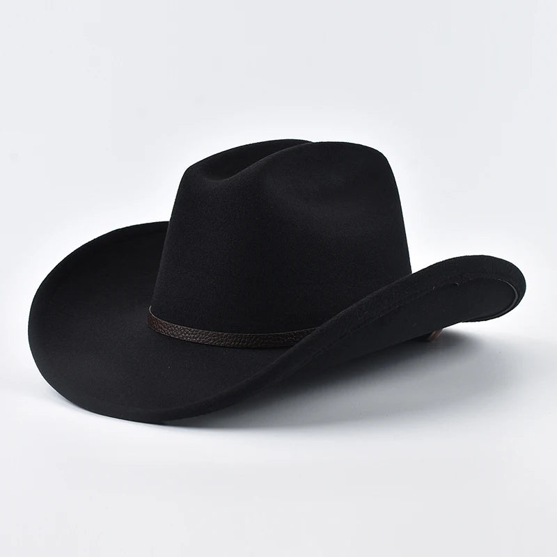 Unisex Western Cowboy Hat With Leather Vintage Big-edge Gentleman Cowgirl Jazz Hat Cloche Church Sombrero Hombre Caps